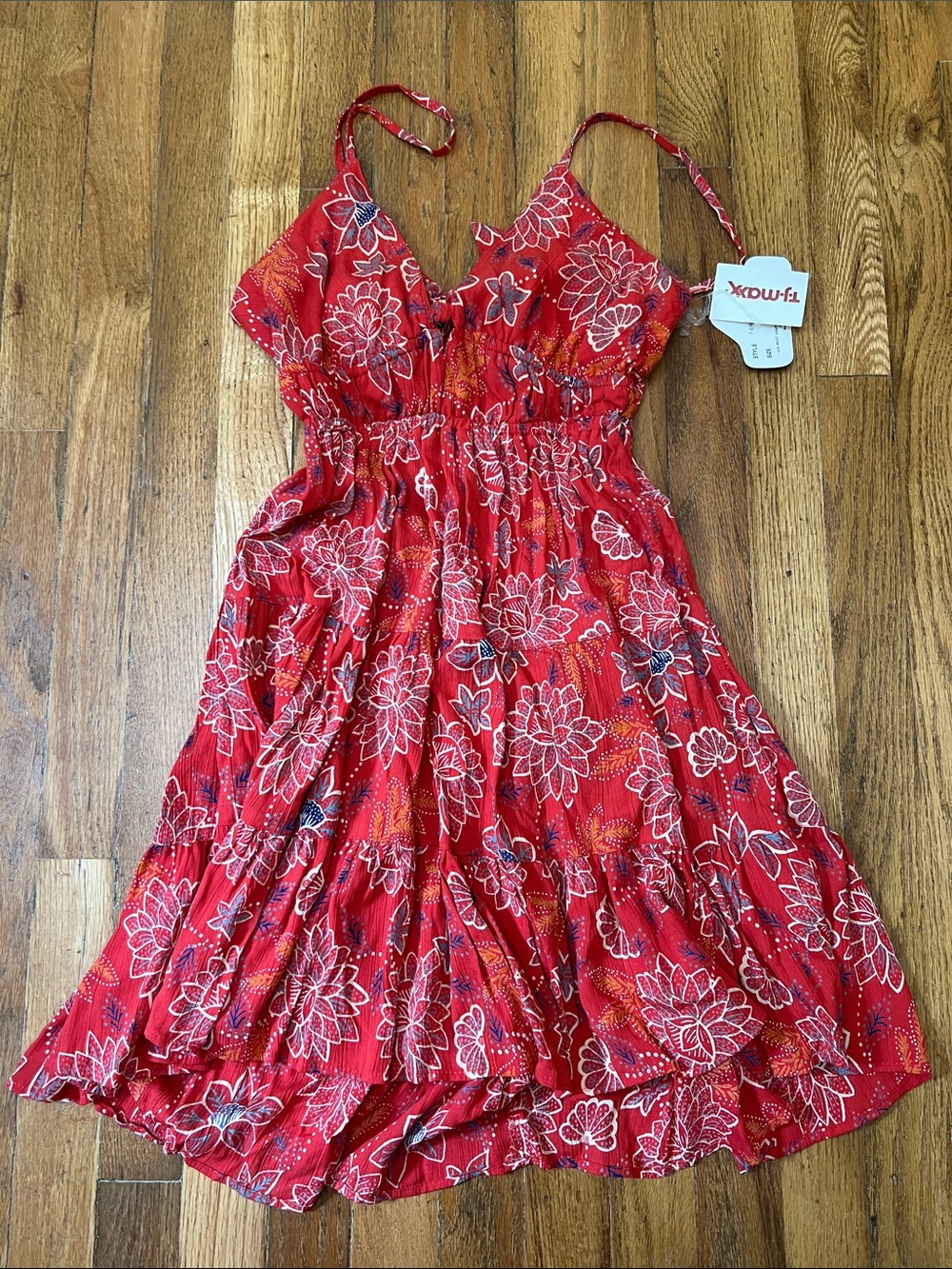 T.J.Maxx Red Floral Tiered Sundress with Navy Accents